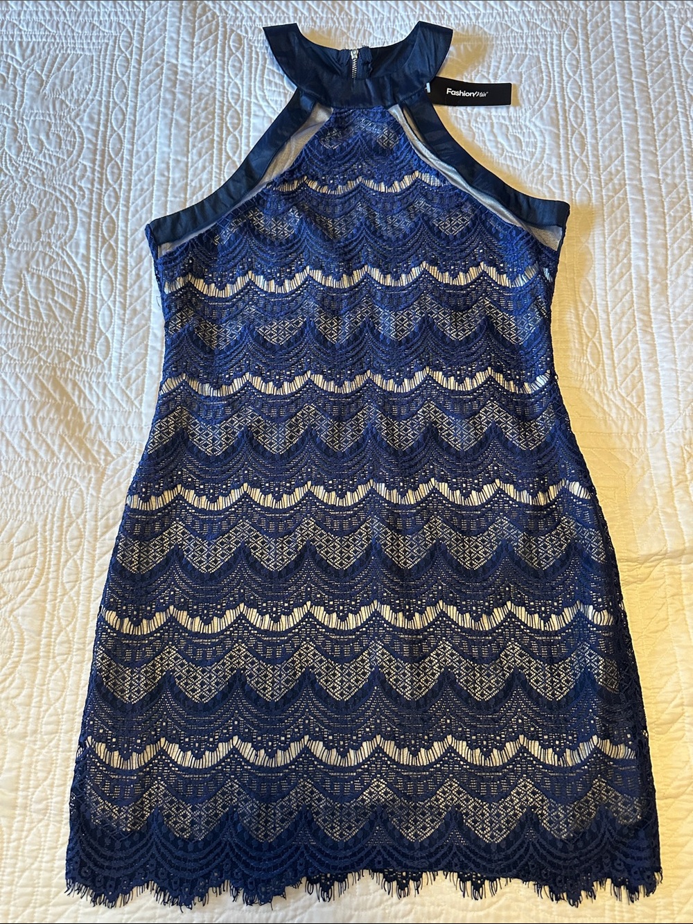 Fashion Nova Navy Lace Halter Mini Dress